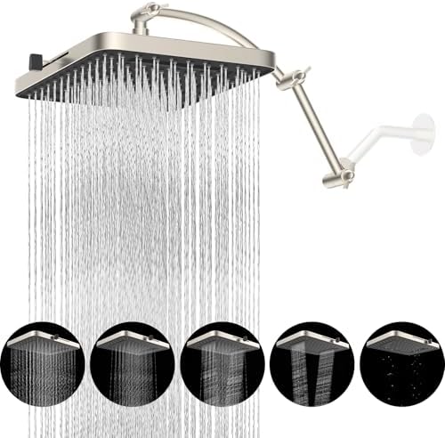 Hibbent Rain Shower Head, 13'' High Pressure Rainfall 5 Spray Mode Showerhead with 16" Shower Head Extension Arm, Brass Adjustable Shower Arm Extender, Waterfall fixed Showerheads, Brushed Nickel by Hibbent