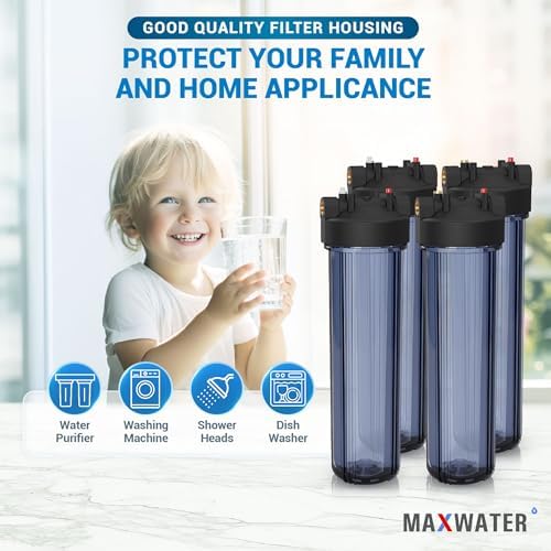 Max Water Whole House 20" x4.5" Purple Clear WH Water Filter Housing 1 inch Inlet/Outlet Ports with Pressure Gauge Wrench and Bracket (4 Housing + 2 Pressure Gauge) - Image 5