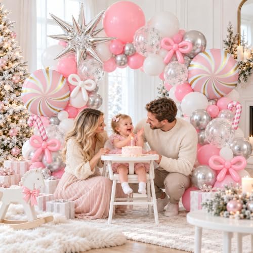 130Pcs Pink White Silver Christmas Balloon Garland Kit with Snowflakes - Image 4