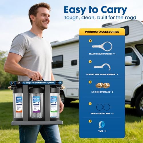 RV Water Filter System,0.01 Micron Camper Water Filter System, 5-Stage RV Water Filtration System Reduces Sediments, Chlorine, Vocs, Heavy Metals, Odors for Travel Trailers, Boats, 1" Inlet/Outlet - Image 5