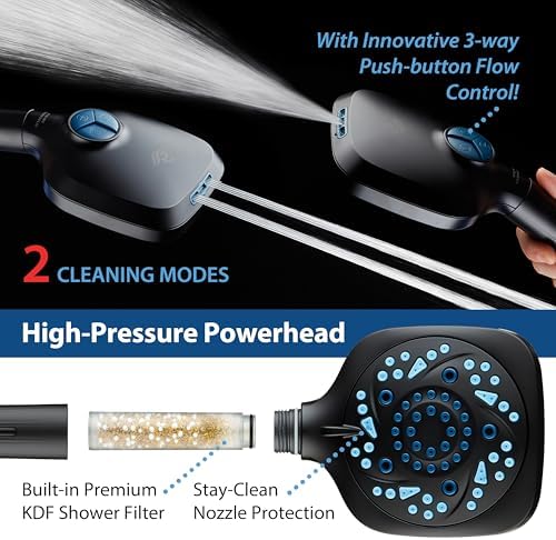 AquaCare High Pressure 10 Spray Mode Filtered Showerhead - Handheld Shower Head Filters Chlorine to Heal Dry Skin, Revive Hair - Dual Power Wash Cleans Tub, Tile, Pets - Hard Water Softener, Black - Image 5