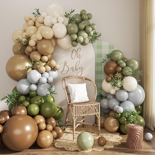 Brown Sage Green Balloon Arch Kit for Safari Jungle Baby Shower Decorations by CROSSFINGERS