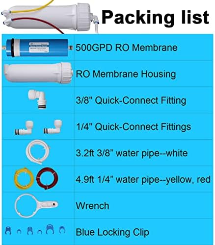 Huining 3012-500GPD Reverse Osmosis Membrane Housing Kit with 3/8 1/4 Quick Connector,Water Pipe,Wrench Whole Set Compatible with Residential Household Water Filtration System - Image 2