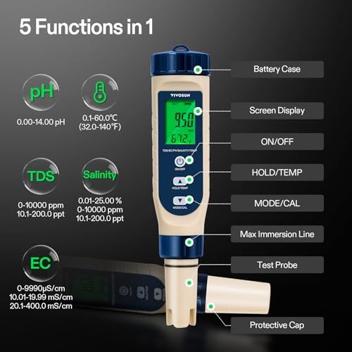 VIVOSUN 5-in-1 Digital PH Meter with Salinity/TDS/EC/Temperature Function - Image 5