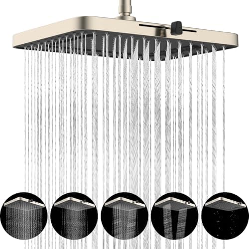 Hibbent cUPC Certified 5 Spray Modes Shower Head, 13'' High Pressure Large Rainfall Shower Head, High Flow Waterfall Bathroom Fixed Showerheads, Adjustable Swivel Ball Joint, Brushed Nickel by Hibbent