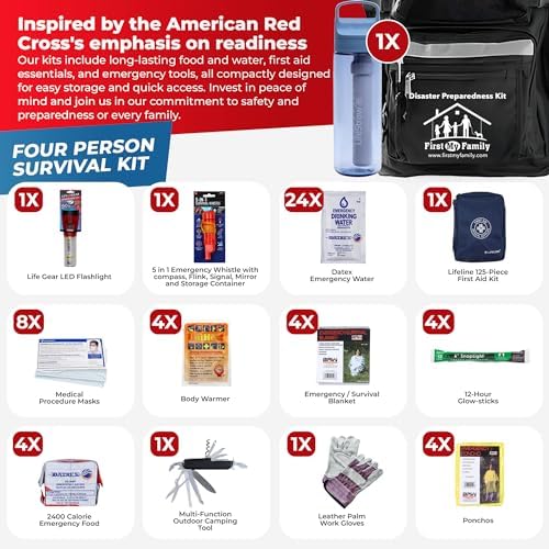 First My Family 4-Person Emergency Survival Kit with LifeStraw Water Filter - Disaster Preparedness Backpack with Hurricane and Earthquake Supplies, 72 Hour Survival Gear - Image 4