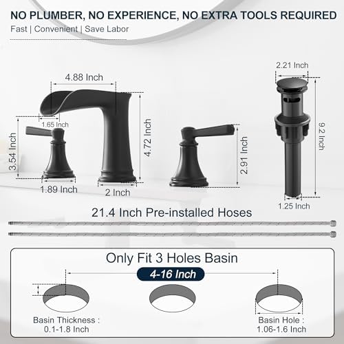 8 Inch Matte Black Bathroom Faucet 3 Hole, Brass Waterfall Bathroom Sink Faucet Widespread 2 Handle with Pop up Drain & Pre-Installed cUPC Supply Lines for Lavatory, 10 Mins Quick Install - Image 3