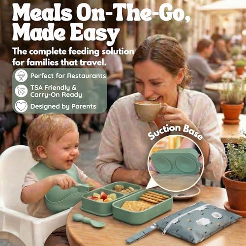 Baby Travel Feeding Set with Silicone Suction Plates, Green Small - Image 2