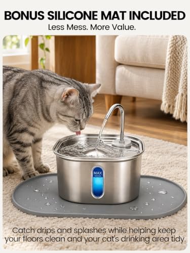 Cat Water Fountain Stainless Steel for Cats Indoor 2.5L 85oz by BPA-free SUS304, Effective 6-Layer Filter Cat Fountain for Drinking 20dB Ultra Quiet Metal Pet Water Fountain (Fountain108oz+4Filters+Mat) - Image 2