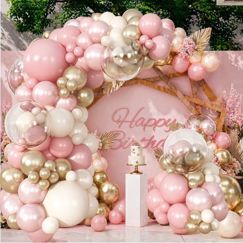 Dusty Pink Balloon Garland Arch Kit Double Stuffed Pearl White Gold by SUNPROUND