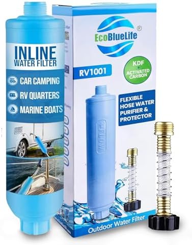 EcoBlueLife RV Water Filter - Inline Attachment with KDF & Activated Carbon, Reduces Odors, Chlorine-Taste, Sediments for Pure Drinking Waters, Perfect for Travel Trailers, Marine, Camper Water Filter by EcoBlueLife