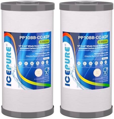 ICEPURE 5 Micron 10" x 4.5" Whole House Sediment Activated Carbon and KDF Water Filter Compatible with GE FXHTC, GXWH40L, RFC-BBSA W50PEHD Whirlpool WHKF-GD25BB GXWH35F GNWH38S Dupont WFHD13001, 2PACK by ICEPURE