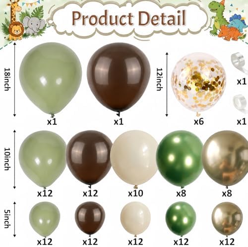 Sage Green Brown Balloon Safari Arch Kit, 120pcs Retro Olive Green Coffee Cream Metallic Gold Latex Camo Balloons Garland for Forest Jungle Wild One Birthday Woodland Baby Shower Party Decorations - Image 2