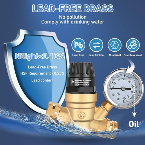 Nilight RV Water Pressure Regulator, Adjustable Brass Valve with Gauge - Image 3