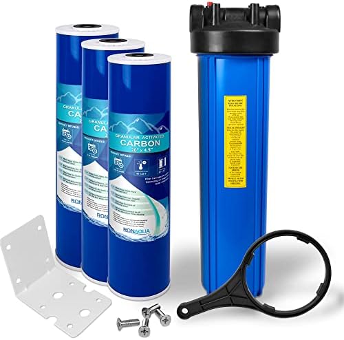 High Capacity 20 x 4.5” Blue Whole House Water Filter Purifier System with Presser Relief Button, 1” Inlet/Outlet Brass Port & Yearly Supply (3) Granular Coconut Shell Activated Carbon Cartridges by Ronaqua