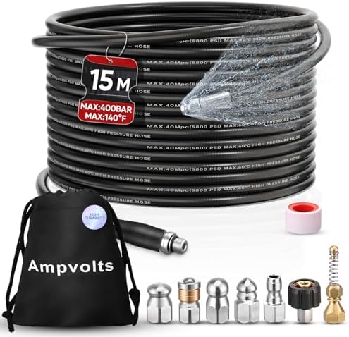 50 ft Slim Sewer Jetter Kit, 5800 PSI, 5 Nozzles, 2 Adapters by Ampvolts