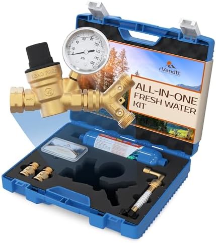 RV Fresh Water Kit - RV Water Pressure Regulator, Inline Water Filter, Hose Splitter, Brass Elbow, Flexible Connector, Hose Quick Connects, Leak Repair Kit, and Carrying Case by rVandtt