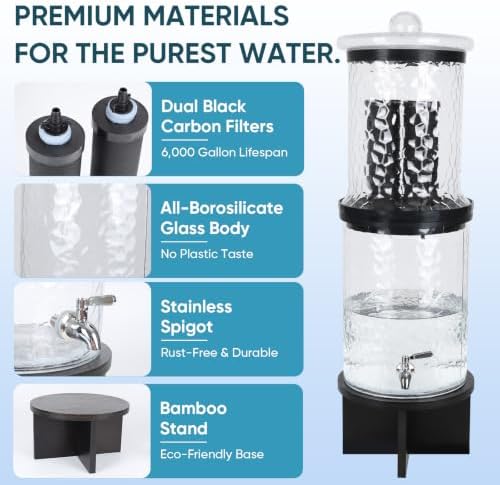 3 Gallon All Glass Gravity-Fed Water Purifier, Countertop Water Filtration System with Wooden Stand, for Home, Emergency & Outdoor Survival - Image 3