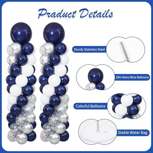 Navy Blue and Silver White Balloon Column Stand Kit Set of 2 for Floor - Image 5