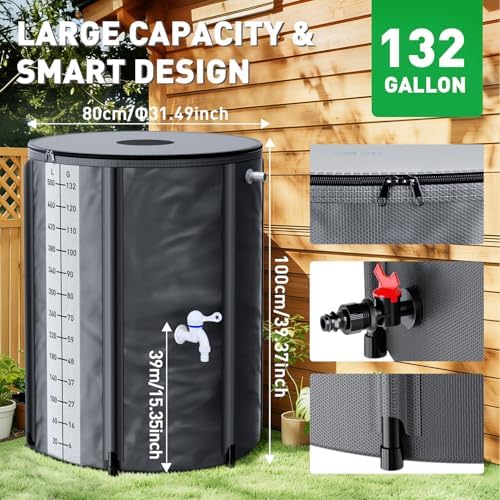 Yesker Collapsible Rain Barrel, 132 Gallon Portable Rainwater Collection System, 550D PVC Water Storage Tank, Rain Catcher with Spigots Filter Overflow Kit, Grey - Image 3
