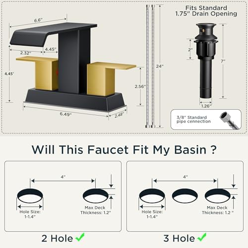 FORIOUS Bathroom Faucets 3 Hole for 4 Inch Centerset Sink Black and Gold - Image 2