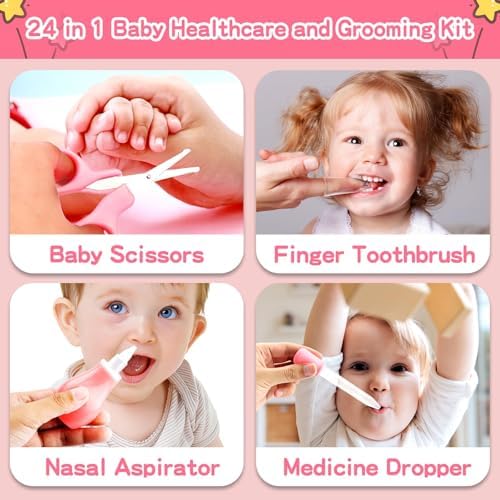 Qunlions life Baby Grooming Kit, Infant Safety Care Set with Hair Brush Comb Nail Clipper Nasal Aspirator,Baby Essentials Kit for Newborn Girls Boys, Pink-24- in-1 - Image 4