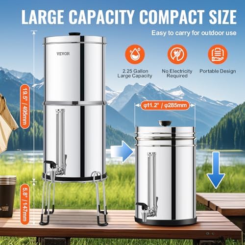 VEVOR Gravity-fed Water Filter System, 2.25G 304 Stainless-Steel Countertop System, Water Filtration System, Reduces Lead and up to 99% of Chlorine, with 2 Carbon Filters, Water Level Spigot, Stand - Image 5