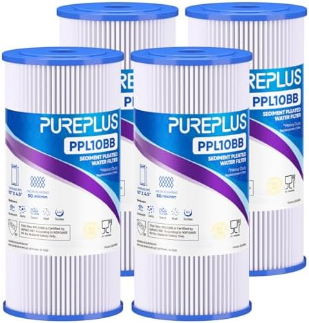 PUREPLUS 50 Micron 10" x 4.5" Whole House Pleated Sediment Filter,4 Pack by PUREPLUS