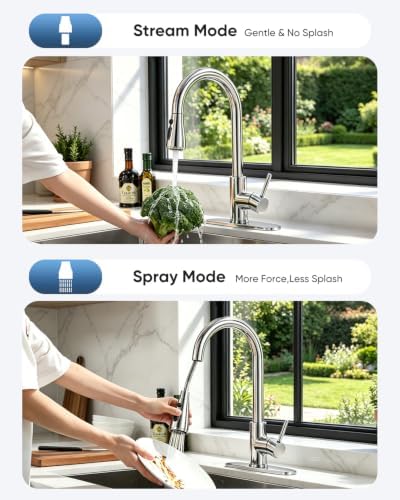 Chrome Kitchen Faucet with Pull Down Sprayer, 3-Mode Single Handle Sink Faucet for 1-Hole or 3-Hole Installation, SUS 304 Stainless Steel with 10-Inch Deck Plate - Image 3