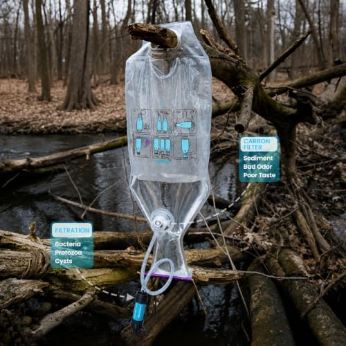 Puribag Pro Portable Water Treatment System with Gravity Bag, Hollow-Fiber Membrane Filter Straw, 12 Treatment Sachets, Hose and Bottle Adapter for Camping, Hiking and Emergency Preparedness - Image 2