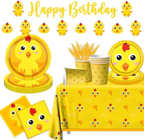 Chicken Farm Tableware Decoration, 142pcs Yellow Chick Theme Birthday Plates and Napkins Supplies by Lenyunge