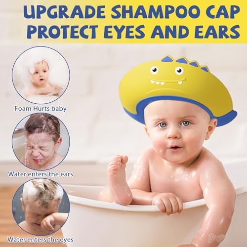 Thcbme Baby Shower Cap Shield, Shower Cap for Kids, Visor Hat for Eye and Ear Protection for 0-9 Years Old Children,Cute Dinosaur shape Makes the Baby Bath More Fun… (Yellow) - Image 3