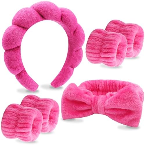 VELSCRUN 6 Pack Spa Headband, Makeup Headbands, Face Wash Headband, Skincare Headbands, Rose Pink Sponge Hair Band Bow Tie Spa Head Band for Washing Face Wristband Set Women Girls Hair Accessories by VELSCRUN