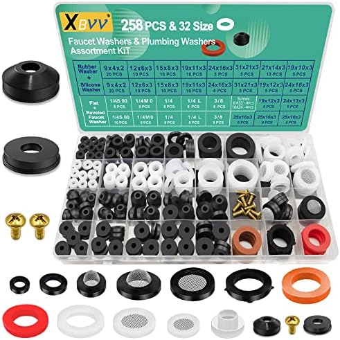 XBVV 32 Size 258 PC Faucet and Plumbing Rubber Washers Assortment Kit for Assorted Garden Hose Valve Spigot Adapter Splitter Outdoor Faucet Bibb Shower Hose Gasket Repair by XBVV