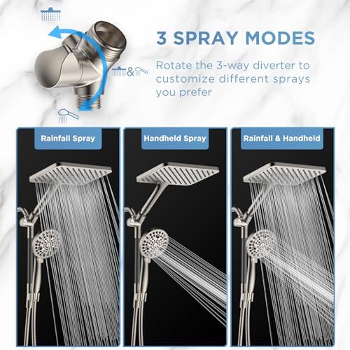 Dual Handheld Shower Head Combo, 2-in-1 Rain Shower Heads System Wide Rainfall Shower Head and 10 Modes High Pressure Hand Held Showerhead with Built-in Power Wash - Brushed Nickel - Image 5