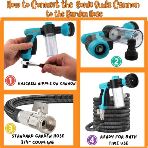 Variable Pressure 8 in 1 Sonic Suds Doggy Foam Cannon with Scrubber, Foam Gun, Hose & Faucet Attachment, Bathing & Showering Dog/pet, Save time and Energy! Black - Image 4