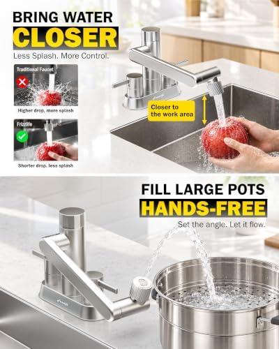 Frizzlife MF1080-D 4 Inch Centerset Bathroom Sink Faucet and Kitchen Sink Faucet with Carbon Block Water Filter, NSF/ANSI 372 Certified, 1080° Rotatable, 2-Handle, Stream/Spray, 304 Stainless Steel - Image 4