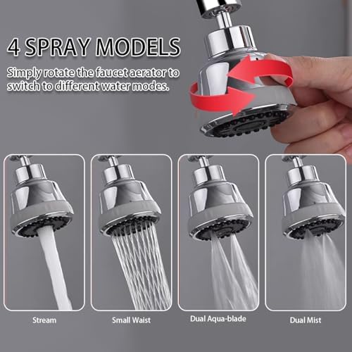 Faucet Aerator Faucet Sprayer Attachment, Kitchen Faucet Head Replacement with 4 Spray Modes, 360° Swivel Faucet Extender Anti-Splash Sink Sprayer Faucet Nozzle Head (Smooth, Silver) - Image 2