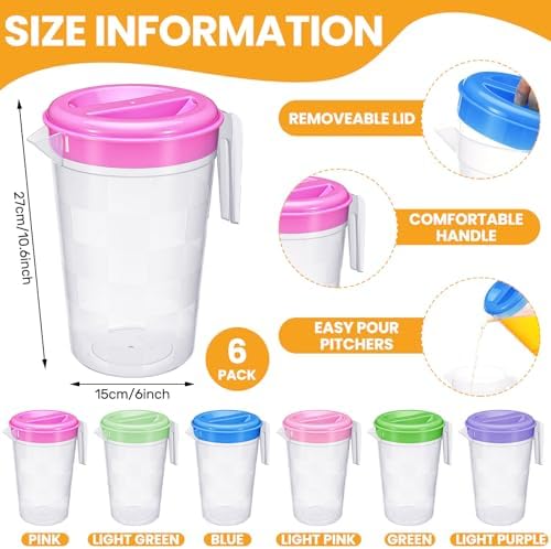 Honeydak 6 Pcs Clear Plastic Pitcher with Lid Handle,70 Oz,Colorful - Image 2