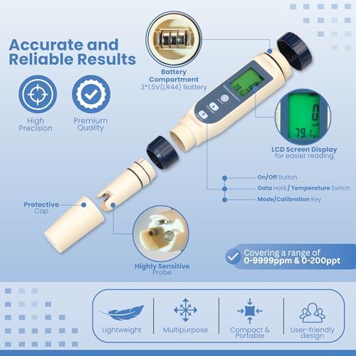 All-New 2026 Pool Salt Tester & pH Meter | Digital 5-in-1 Salinity, pH, Temperature, EC & TDS Meter for Pools, Hot Tubs, Aquariums, Hydroponics, and Drinking Water – High Accuracy & Easy Calibration - Image 2