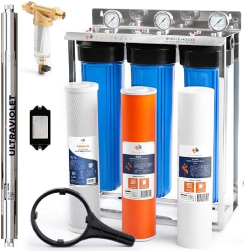 Aquaboon 20" 3 Stage Whole House Water Filtration System with Big Housings and Pressure Gauges - UV Lamp, KDF Filter, Carbon Block, Sediment Filter Cartridges, Steel Frame by Aquaboon