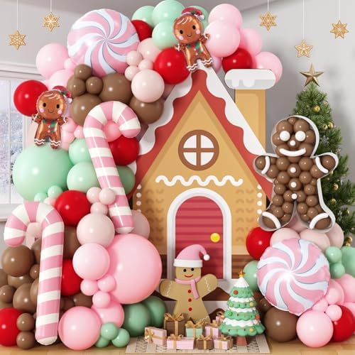 Gingerbread Christmas Balloon Arch Kit, 125PCS Pink Green Brown Holiday Balloon Garland with Gingerbread Man House Foil Balloons for Xmas Party Nutcracker Christmas New Year Birthday Decorations by Paeyeq