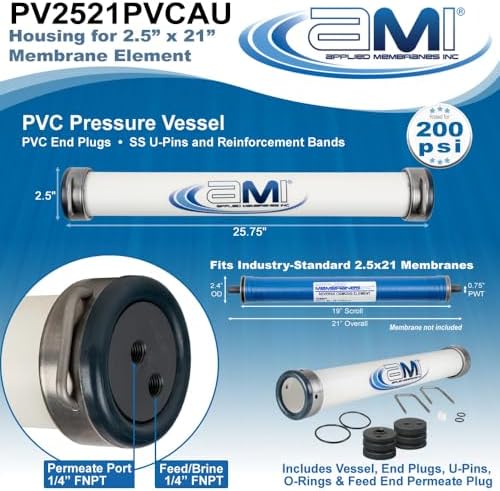 APPLIED MEMBRANES, INC. 2.5" x 21" PVC Membrane Housing Pressure Vessel for 25x21 RO, UF, NF Membrane Element | 200 PSI Operating Pressure | PV2521PVCAU - Image 4