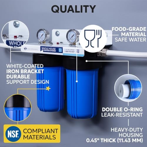 Aquaboon 2-Stage Whole House Water Filtration System with 5 Micron 10x4.5 Reducing Sediment and KDF Heavy Metals Water Filter Purification Cartrige, Pressure Gauges, Wrench, Bracket - Image 3