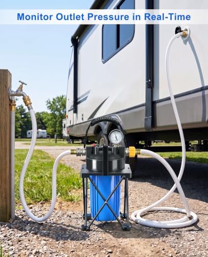 6-Layer RV Water Filter with Stand and Pressure Gauge, 3/4" GHT Metal Threads Inline Water Filter, Removes Sediments, Chlorine, VOCs, Heavy Metals, Bad Taste, Odor, and More - Image 2