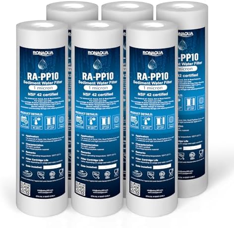 Ronaqua 1 Micron Sediment Water Filter Cartridge 10"x2.5", NSF Certified, 4-Layer Filtration for any 10-inch RO Units & Whole House Systems, Compatible with Culligan P5, AP110, WHKF-GD05, 6 Pack by Ronaqua