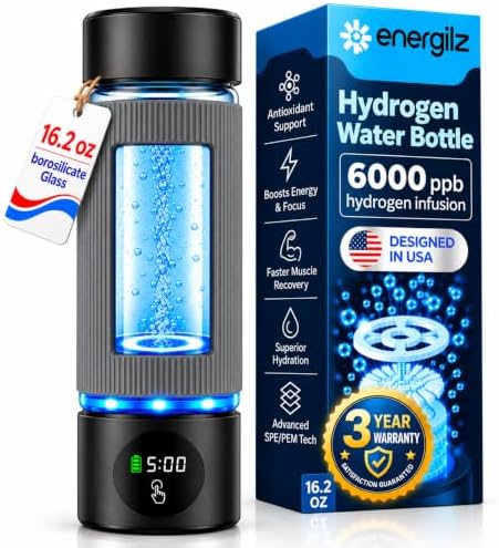 Hydrogen Water Bottle | 16.2 oz (480 ml) Hydrogen Water Generator | 6000 PPB Hydrogenator Machine | SPE/PEM Ionizer Generator (Black) by Energilz