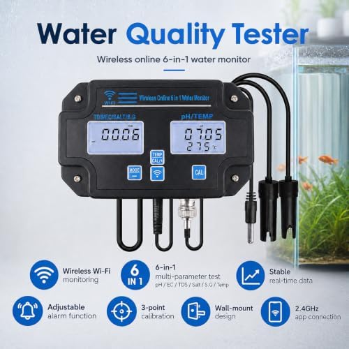 Smart Water Quality Tester 6-in-1 pH/EC/TDS/Salinity/S.G and Temperature Meter with Wi-Fi Continuous Monitor Wall-Mounted pH Water Meter with ATC and Easy Calibration for Aquariums, Hydroponics - Image 2