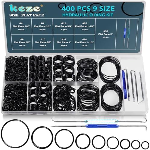 KEZE 400 Pcs Hydraulic O-Ring Flat Face Fittings 9 Size Buna-N 70A O Rings Seal Kit for Hydraulic Fitting,Cylinders,ORS/ORFS Flat Face Hydraulic Fittings (Flat Face Size 1/4"-2") by KEZE