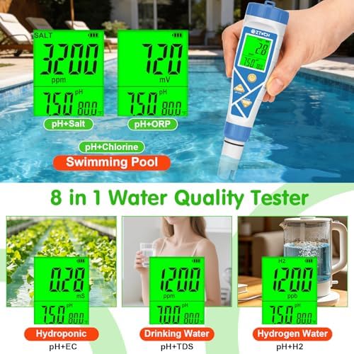 Digital Pool Chlorine pH Salt Water Tester, 8 in 1 Hydrogen ORP TDS - Image 2